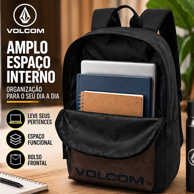 Mochila Volcom Masculina Universitária Escolar Trabalho Viagem Resistente Preta 16L · foto 2
