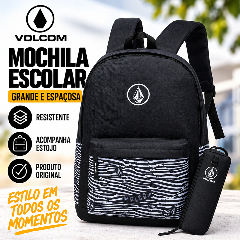 Mochila Escolar Volcom Grande Espaçosa Reforçada com Estojo Faculdade