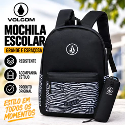Mochila Escolar Volcom Grande Espaçosa Reforçada com Estojo Faculdade