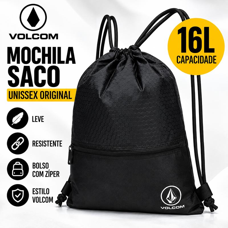 Mochila Saco Volcom Preta Unissex 16L Esportiva Escolar Academia Viagem Original