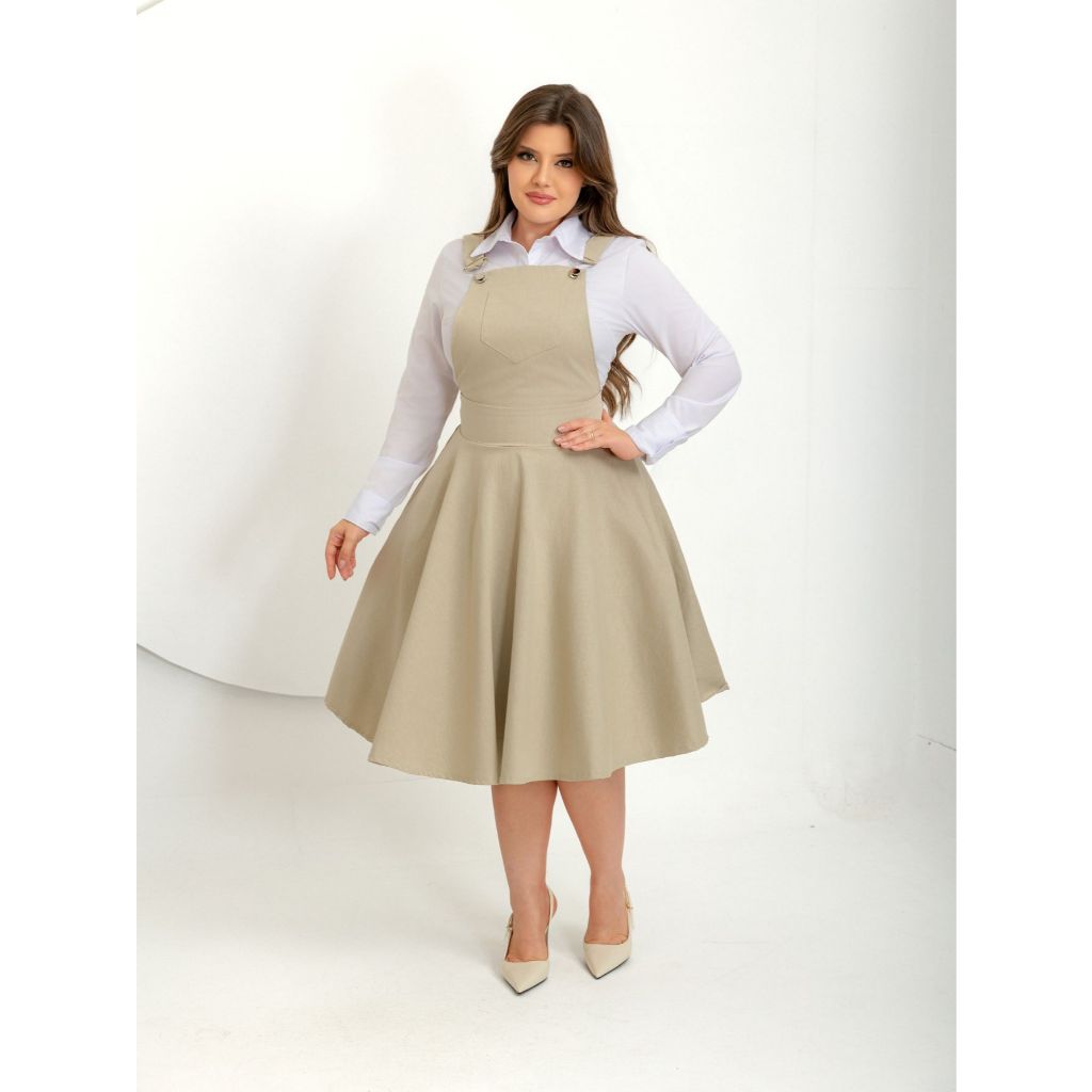 JARDINEIRA VESTIDO MIDI RODADA SARJA SUSPENSÓRIO | Moda Evangélica | Moda Feminina | Moda Modesta — imagem 2 de 2