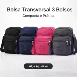 Bolsa Transversal Unissex Nylon 3 Bolsos Compacta Leve Resistente 20x15cm Dia a Dia