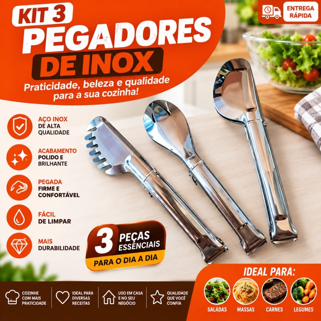 Kit 3 Pegadores Aço Inox para Salada Massa Macarrão Universal Utensílios de Cozinha