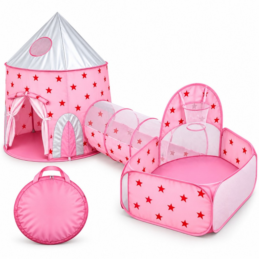 Barraca Infantil 3 em 1 Foguete Rosa com Túnel e Piscina de Bolinhas Brinquedo Infantil para Crianças Toca