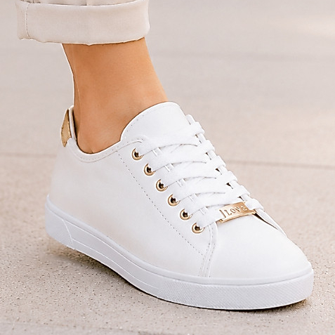 Tênis Feminino Casual Branco Confortável Leve Detalhe Dourado Dia a Dia