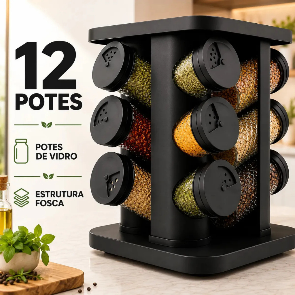 Porta Temperos Condimentos 12 Unidades Potes Vidro Base Giratória Preto Organizador De Cozinha Dosador