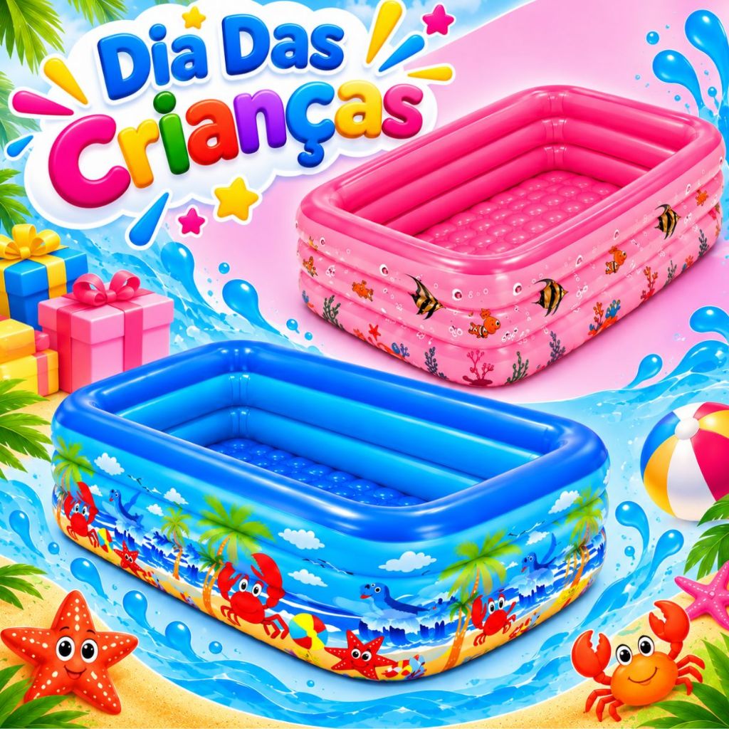 Piscina Inflável Retangular Resistente Infantil 3 Anéis 150cm 460 Litros Azul ou Rosa
