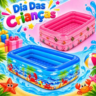 Piscina Inflável Retangular Resistente Infantil 3 Anéis 150cm 460 Litros Azul ou Rosa
