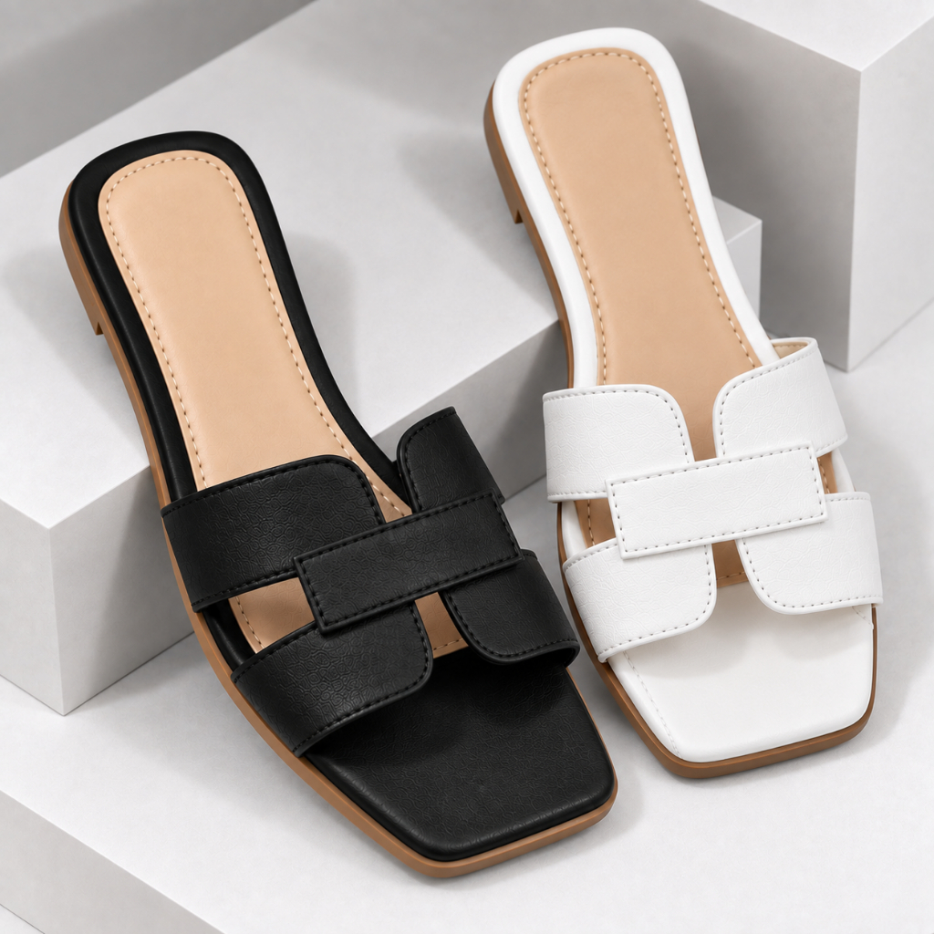 Kit 2 Pares Rasteiras Feminina Tendência Flat H Dia a Dia Confortável Blogueira Verão Moderna  Bico Quadrado