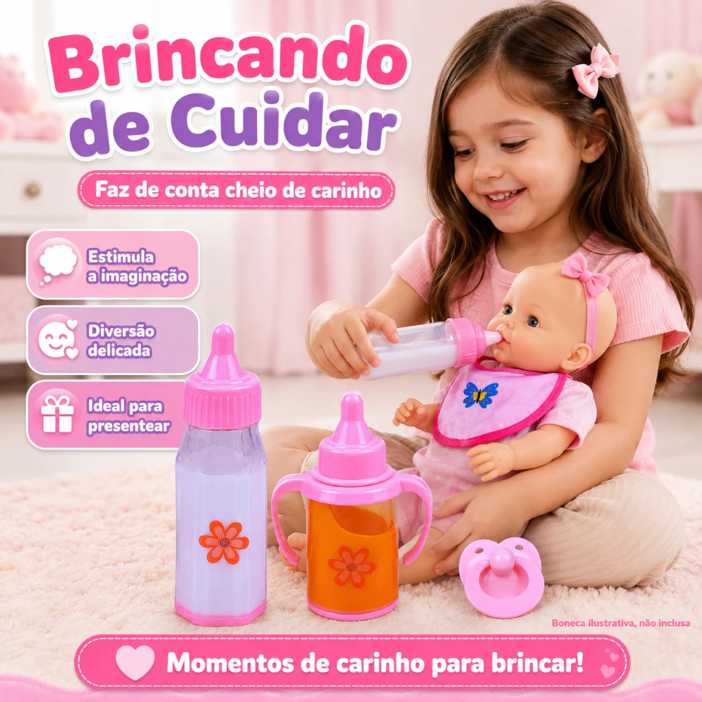 Kit Mamadeira Mágica Boneca 2 Mamadeiras Chupeta Babador Brinquedo Infantil Faz de Conta