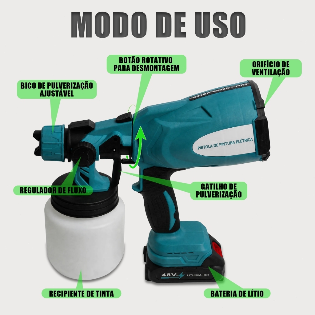 Pulverizador Pintura Elétrica 48V – 2 Baterias Inclusas, Reservatório 800ml, 3 Padrões de Jato, Bico 2,5mm — imagem 2 de 2