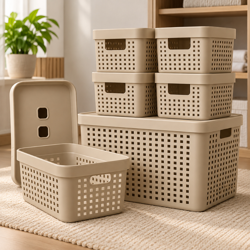 Kit 6 Caixa Organizadora com Tampa 17 L 4,5 L 2 L Cesto Grande em Plástico para Organização
