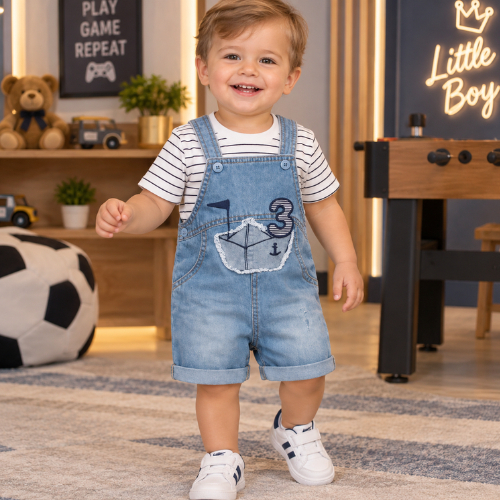 Macacão de Bebê menino -Jardineira Jeans com Bordado de Barquinho e Blusa Listrada – Conjunto 2 Peças –Brokinha REF 4455