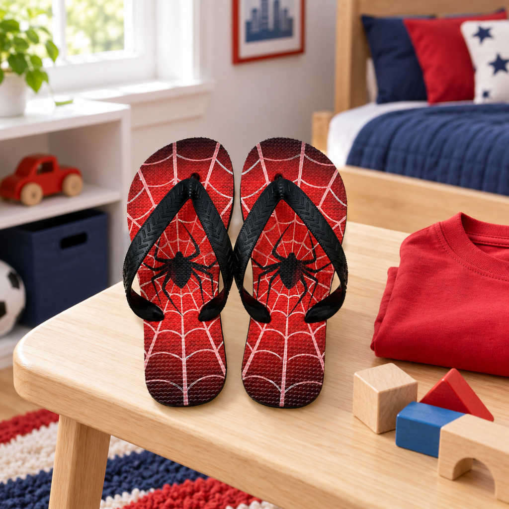 Chinelo Infantil Menino Estampado Aranha Teia Vermelho Preto de Dedo para Dia a Dia Praia Piscina