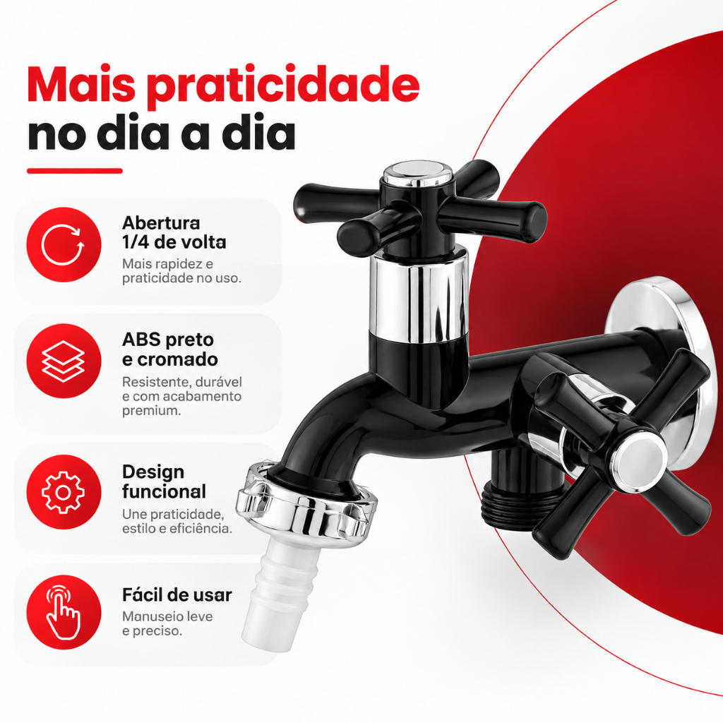 Torneira Tanque Jardim Maquina de Lavar 2 Dupla Saídas Com Bico 3/4 Polegadas ABS Preta Cromada