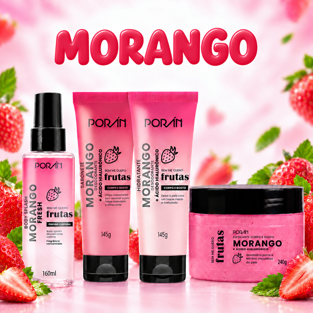 Kit Completo Morango Corpo Hidratante Body Splash Esfoliante Sabonete Porán
