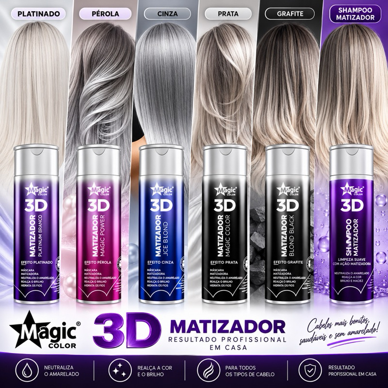 Matizador Magic Color 3D 100ml 300ml 500ml – Máscara Matizadora para Loiros, Mechas e Cabelos Descoloridos