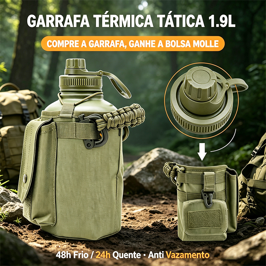 Garrafa Térmica 1.9L Aço Inoxidável 304 Com Bolsa Tática e Alça Paracord Para Academia Camping Viagem