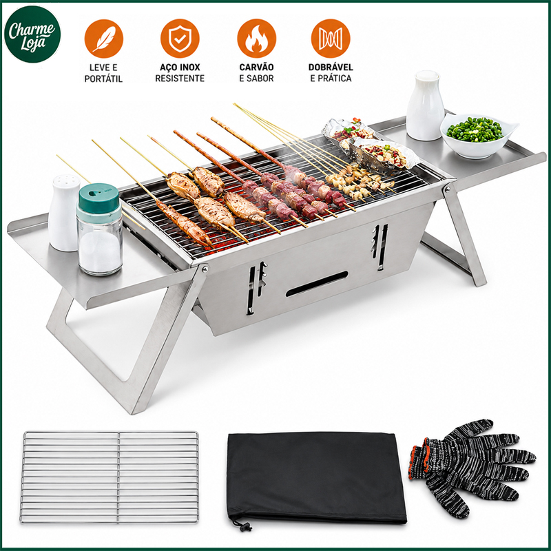 Churrasqueira Portátil Dobrável a Carvão em Aço Inox com Grelha 3 Alturas e Bandejas para Camping e Churrasco
