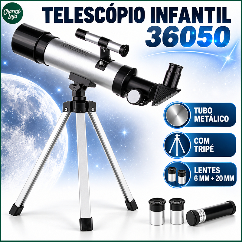 Telescópio Refrator Infantil com Tripé, Abertura 50mm, Lentes 6mm 20mm e Buscador 5x18 para Iniciantes