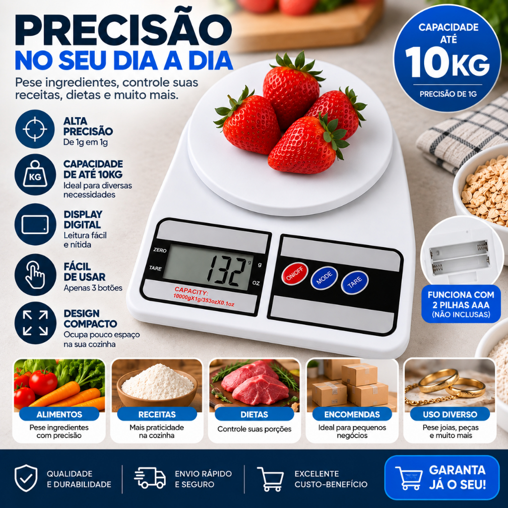 Balança Digital Alta Precisão até 10kg Cozinha Dieta Alimentos Super Precisa Nutrição Confeitaria