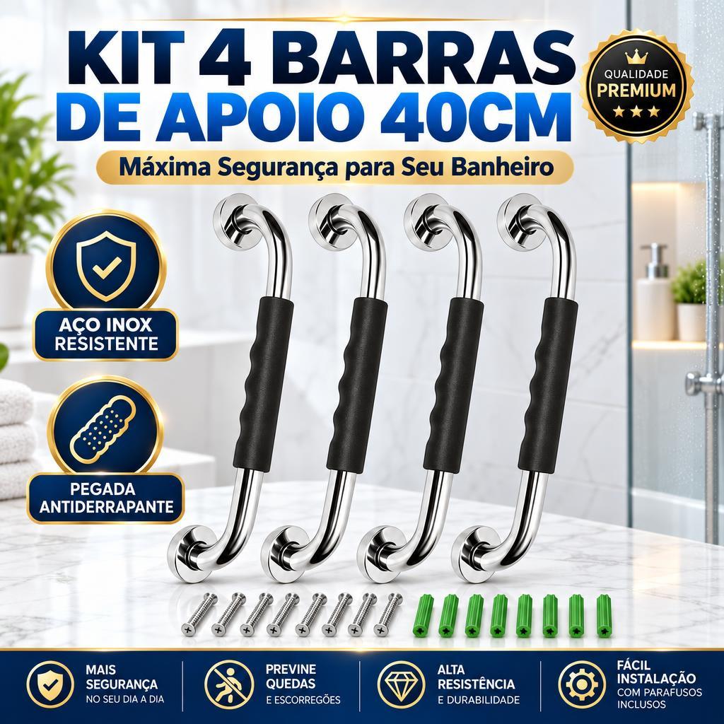 Kit 4 Barras de Apoio 40cm Inox Antiderrapante Banheiro Idosos Segurança