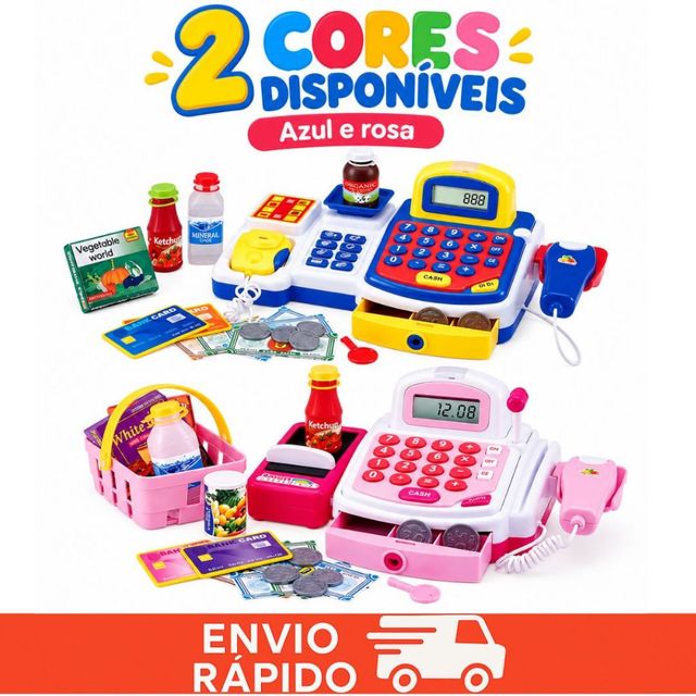 Caixa Registradora Infantil Completa com Acessórios Mercado Scanner Calculadora Dinheiro Cartões Menino Menina