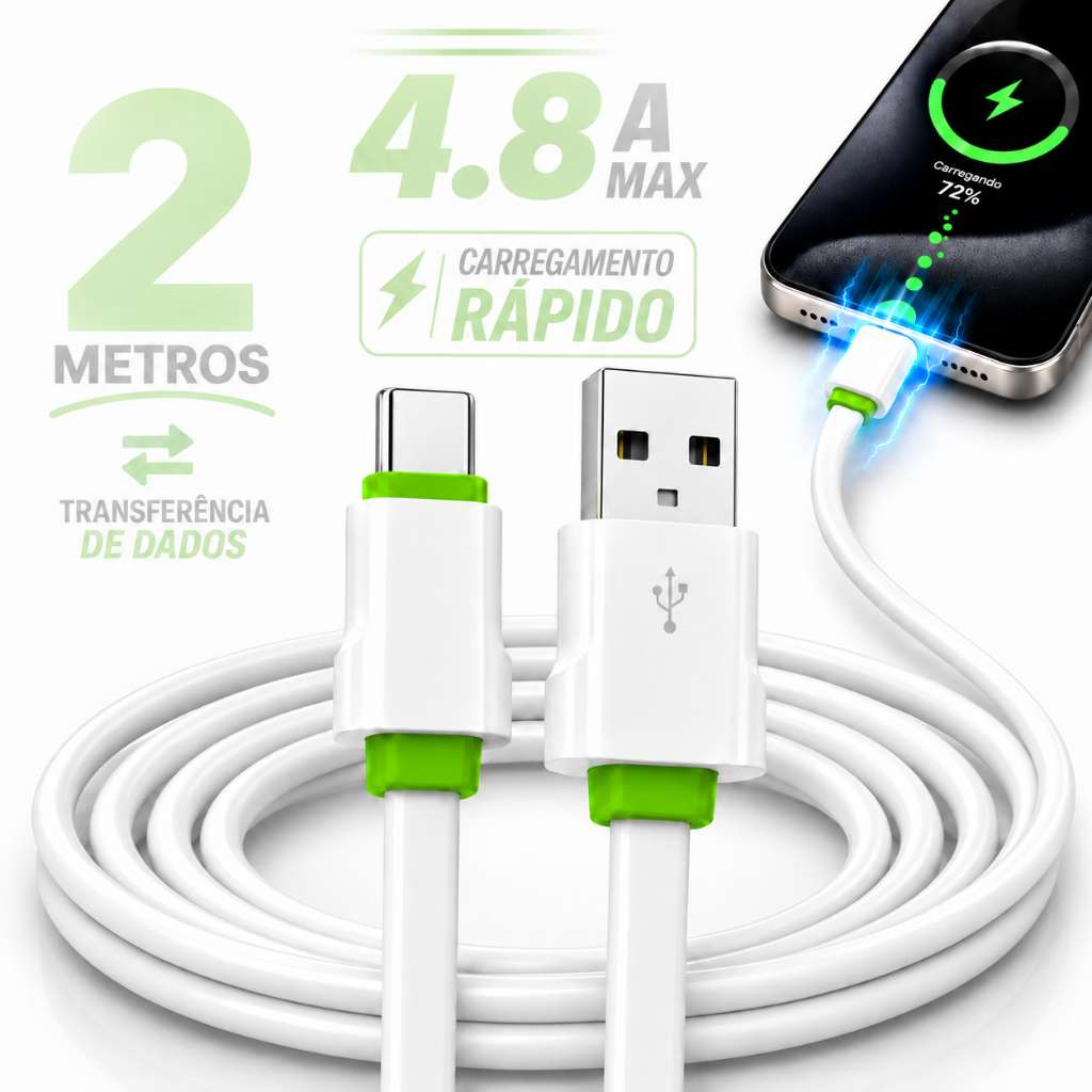 Cabo Carregador 2 Metros 4.8A Carga Rápida USB para Tipo C ou Lightning iPhone Android CA-72C CA-73L Nexsoul