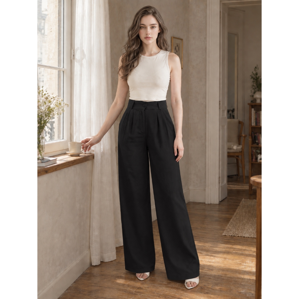 Calca 5075 pantalona tecido marrant detalhe de prega na cintura com bolso funcional