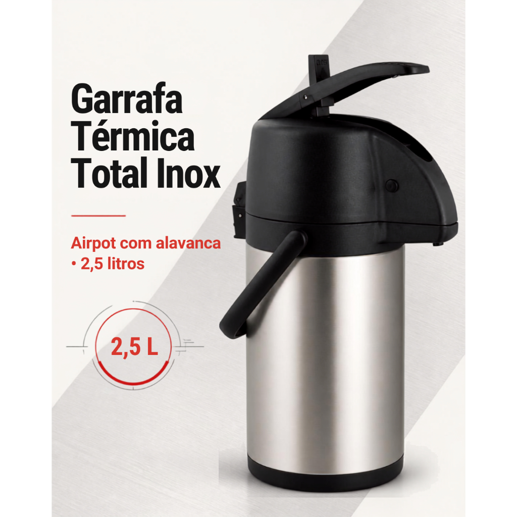 Garrafa Térmica Grande Vácuo Inox Airpot Com Alavanca 2,5 Litros - Mor