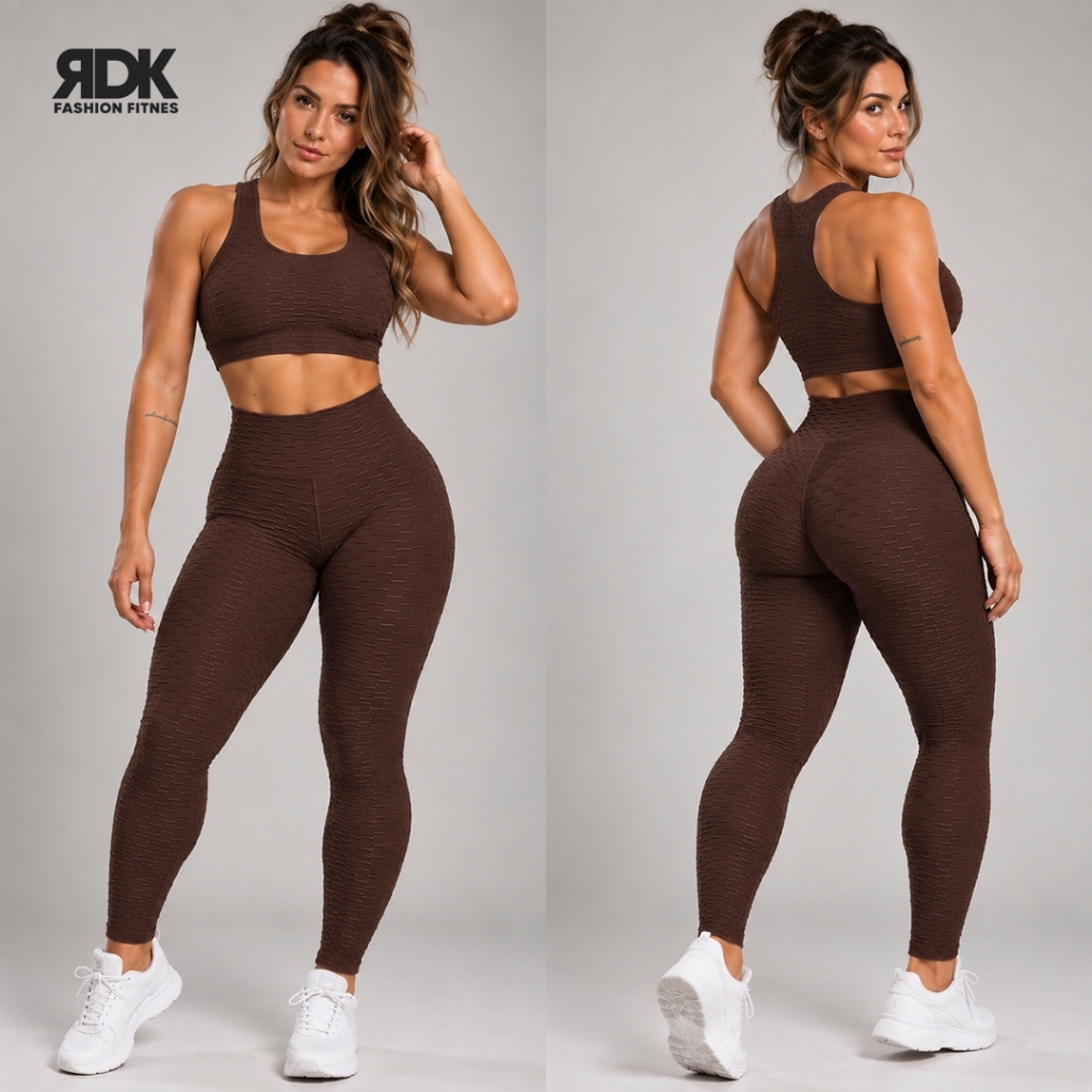 Kit Calça Legging + Top Suplex Bolha Cós Alto Efeito Modelador Fitness 3D Texturizado Academia Treino Feminino Compressã