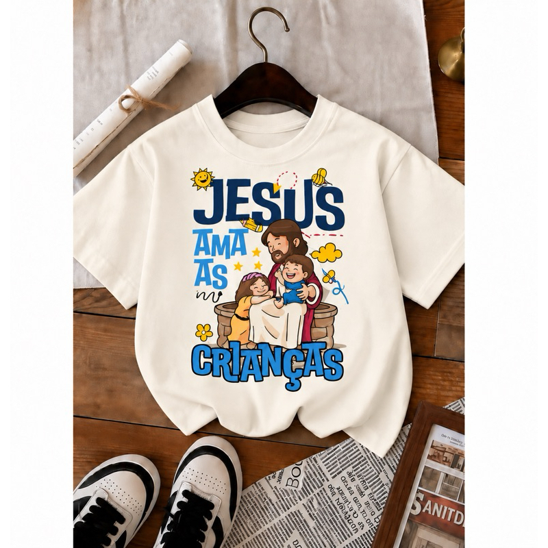 Camiseta Infantil Menino Menina Jesus Ama as Crianças Estampada Fé Cristã