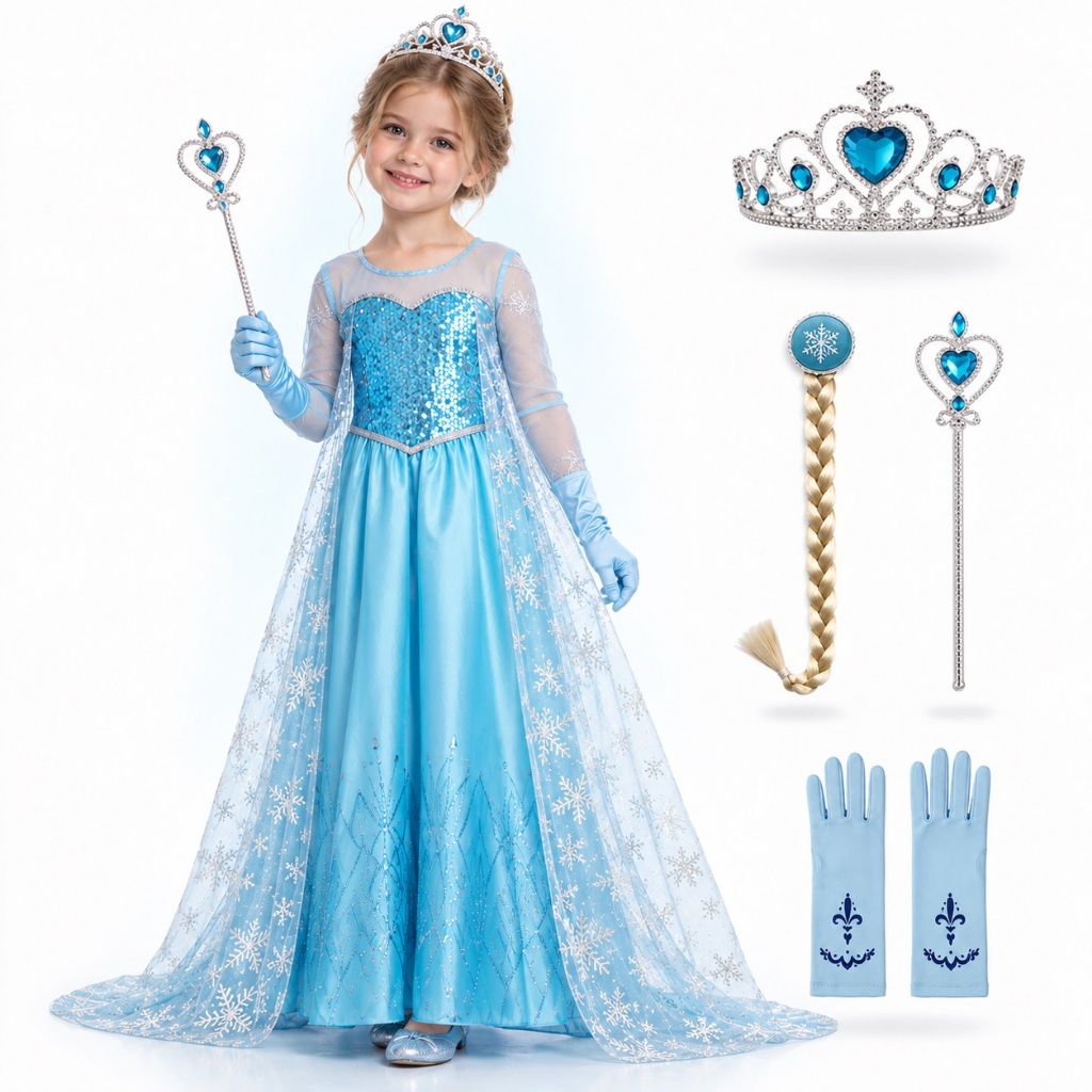 Fantasia Vestido Infantil Elsa Frozen Com Capa E Acessórios Festa Hallowen Crianças