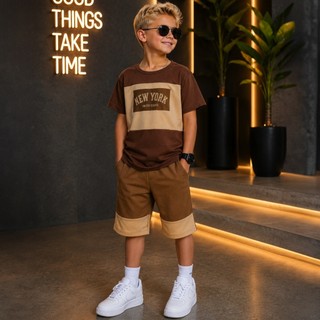 Conjunto Infantil Menino Juvenil Verão Estiloso bermuda e Blusa 100% algodão Veste Do 2 até 12 anos