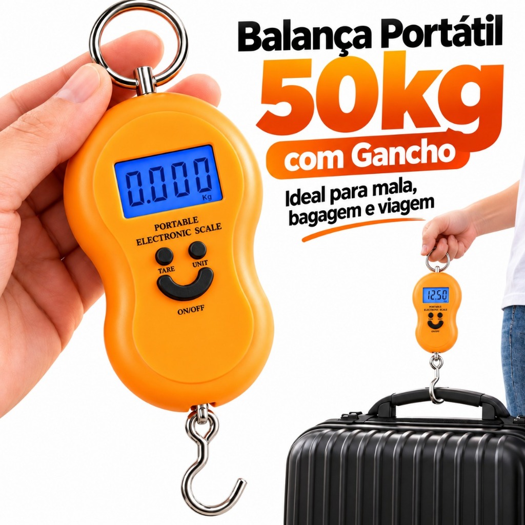 Imagem Balança de Mão Digital 50kg Para Bagagem Mala Bolsa Pesca com Display LCD e Tara