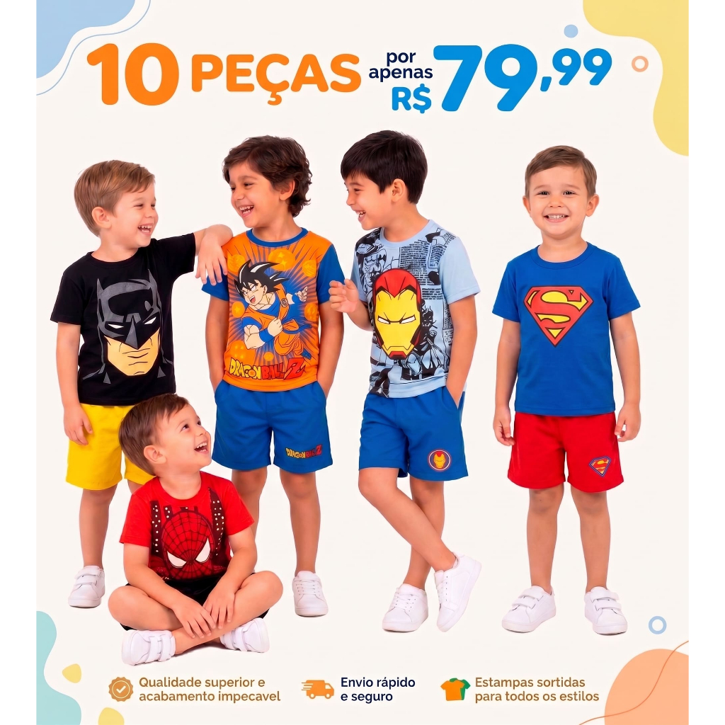 Kit 10 Peças Roupa Infantil Menino – 5 Camisetas + 5 Bermudas Conjuntos Personagens Sortidos