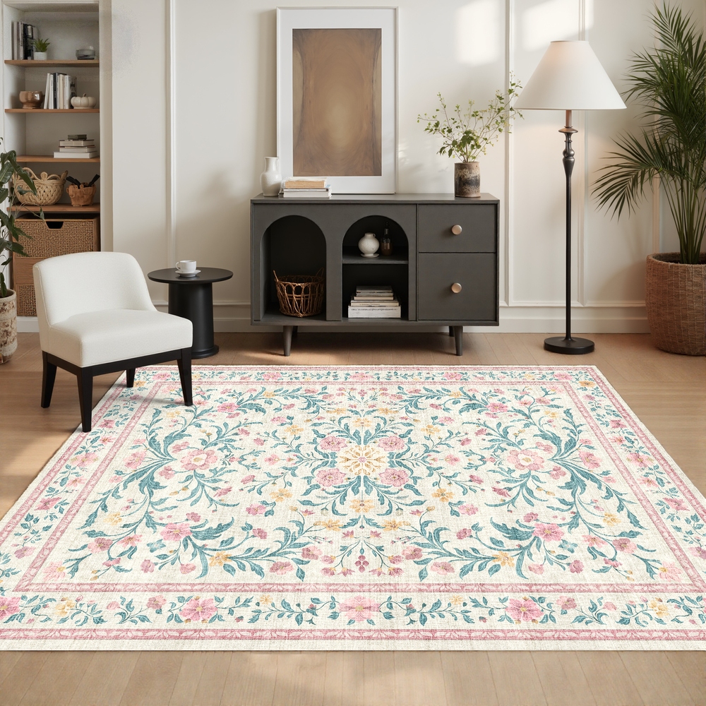 Tapete Sala Quarto 2,00x2,50 Floral Grande Antiderrapante Lavável Macio Aveludado Decorativo Abelle Casa