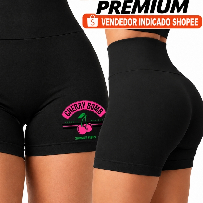 Shorts Legging Cereja Cherry Bomb Suplex Academia Shorts Feminino Fitness De Academia Zero Transparência Estampado
