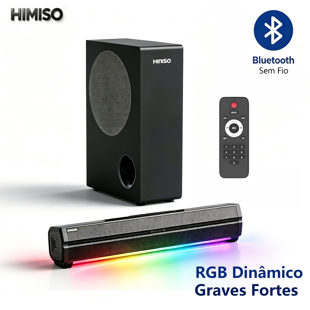 HIMISO Barra de Som com Subwoofer 2.1CH 400W RGB Graves Fortes Bluetooth para Assistir Futebol e Filmes na TV