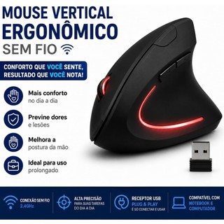 Mouse Vertical Ergonômico Sem Fio Recarregável USB Bluetooth Silencioso Ortopédico Mão Direita PC Gamer Super