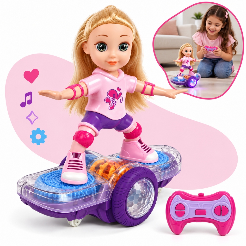 Boneca Motorizada Skate Controle Remoto Menina Skatista Com Luz E Som Infantil Divertido Kizumba