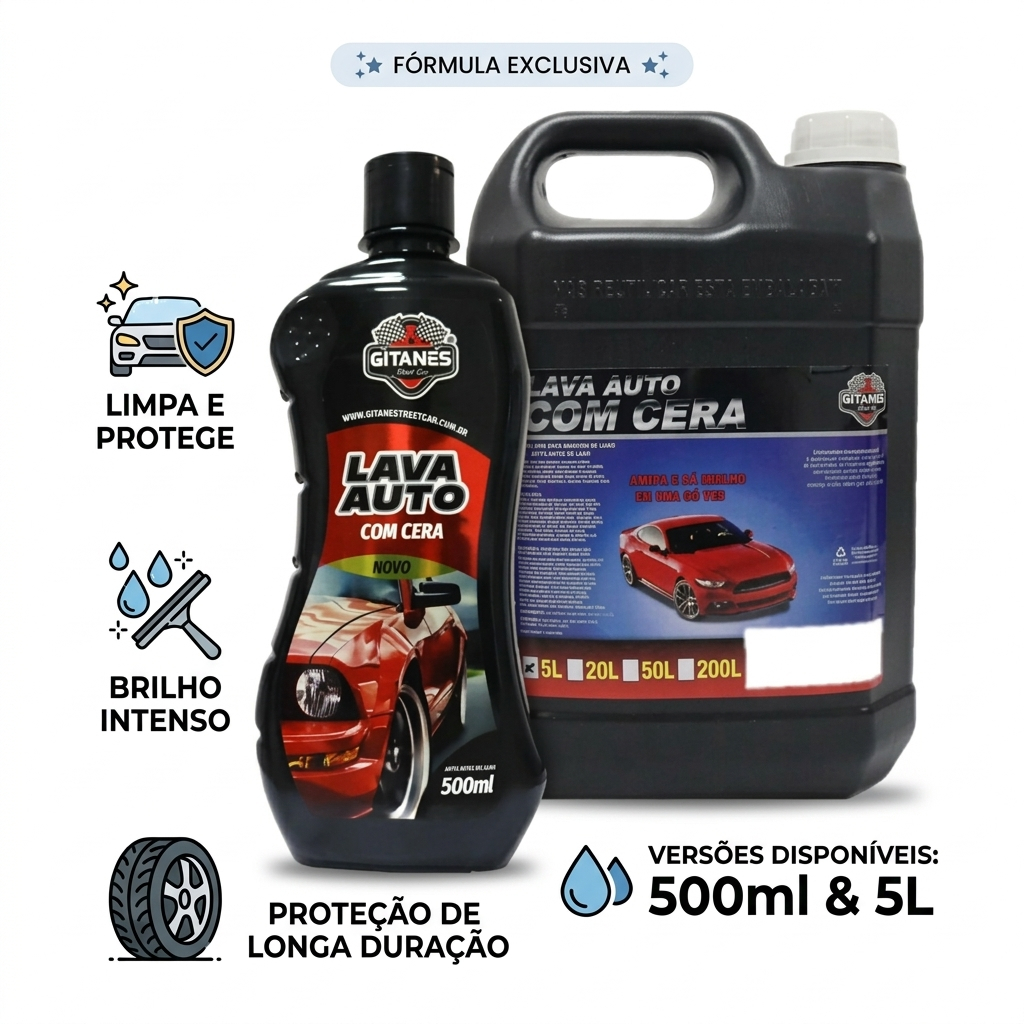 SHAMPOO AUTOMOTIVO COM CERA GITANES 500ML OU 5 LITROS BRILHO / LIMPEZA / PROTEGE A PINTURA DO CARRO!