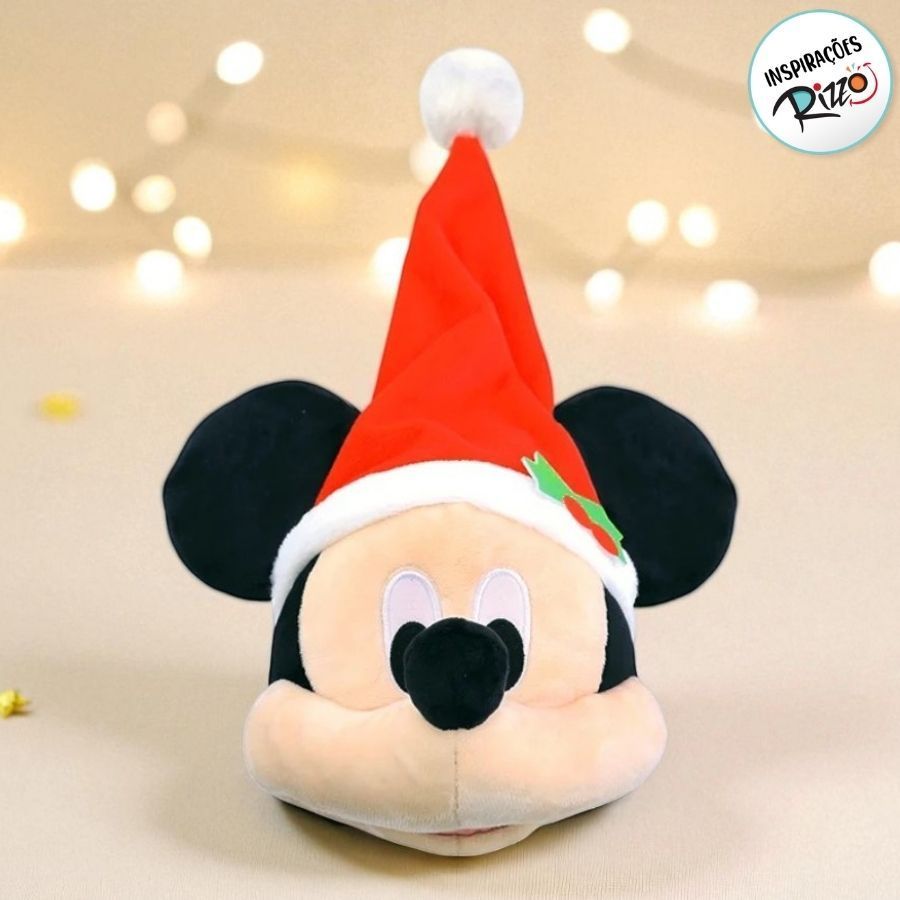Pelúcia Cabeça Mickey c/ Gorro de Natal - 15 cm - 1 unidade