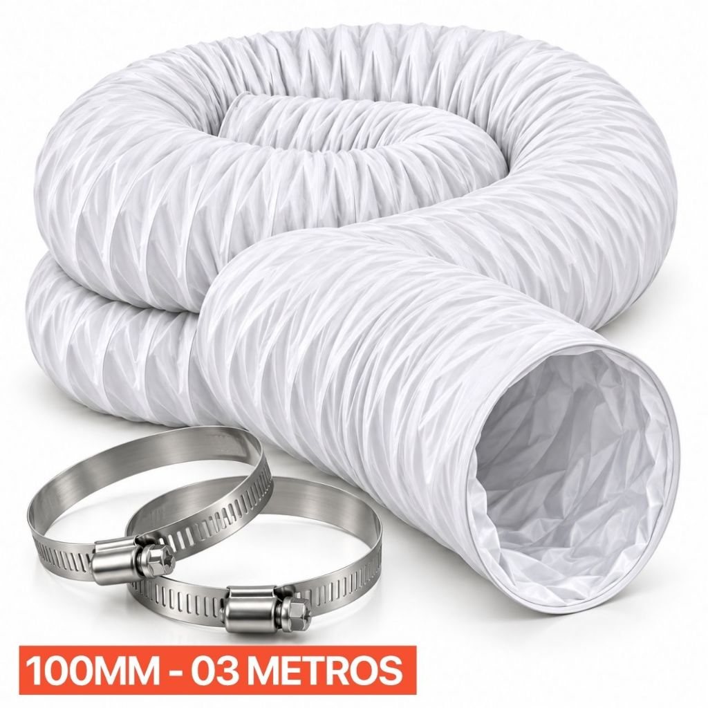 Duto Para Ar Portátil 100mm 3 Metros 04 Pol Flexivel PVC Branco + 02 Abraçadeiras Ar Condicionado