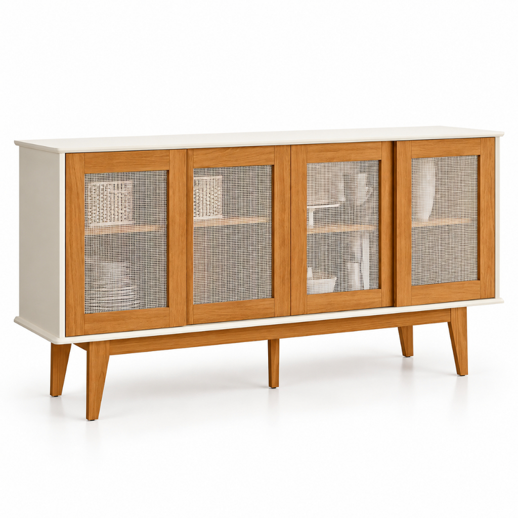 Buffet Aparador Detroit 4 Portas MDF Detalhe em Tela Ratã Retro Pés em Madeira - AV