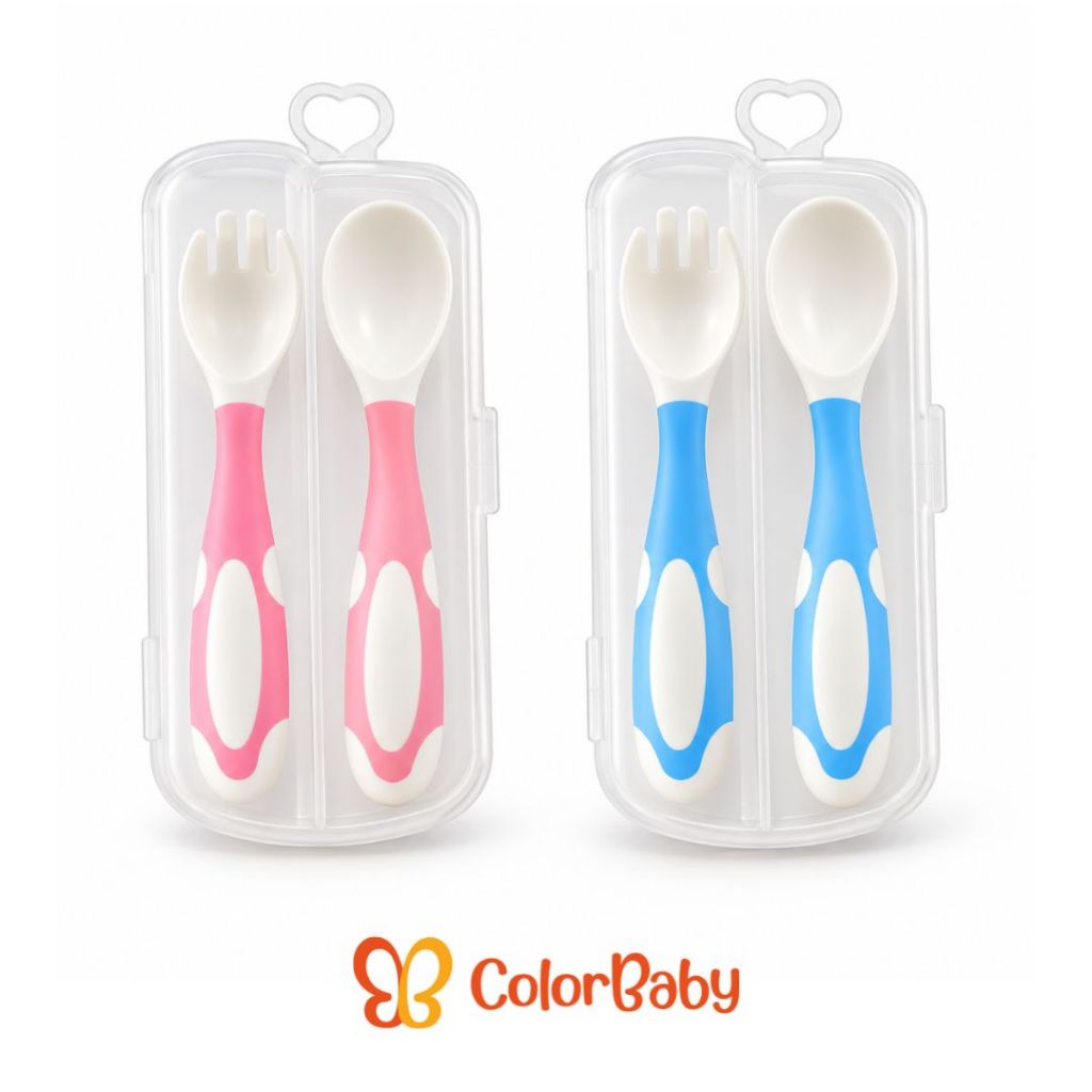 Kit Talher Infantil Bebê Dobrável Silicone/Plástico com Estojo Colher e Garfo Ergonômico - ColorBaby