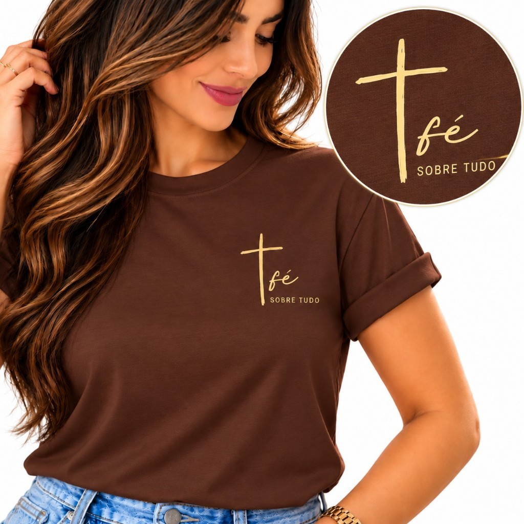 Camiseta Feminina T-Shirt Fé Sobre Tudo Deus Jesus Estampada 100% Algodão Premium Oversized Blusa Cristã Moda Evangélica