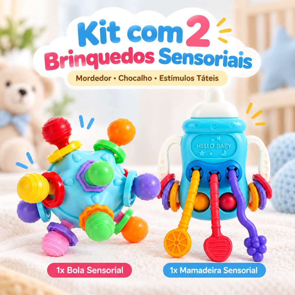 Kit Mordedor Para Bebê Brinquedo e Silicone Sensorial Infantil com 10 Hastes e Chocalho