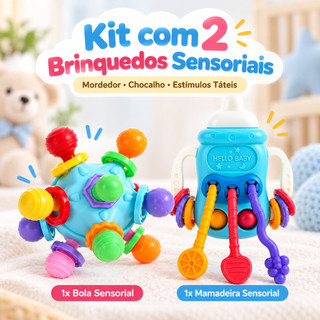 Kit Mordedor Para Bebê Brinquedo e Silicone Sensorial Infantil com 10 Hastes e Chocalho