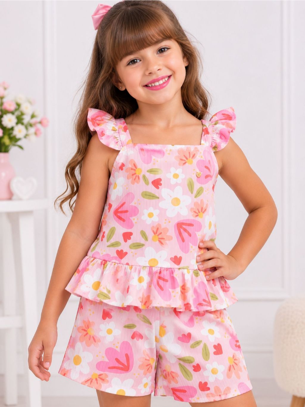 Roupa Infantil Menina Estampada em Malha Canelada Conjunto Infantil Menina de Verão
